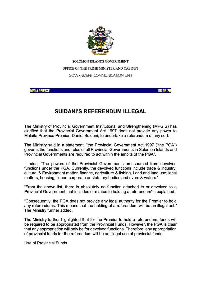  #SolomonIslands Government has issued a statement on Malaita's proposed referendum:"Holding of a referendum will be an illegal act", it says.It "demeans the integrity of the Office of the Premier and will result in consequences that may not be favourable to any party.” 