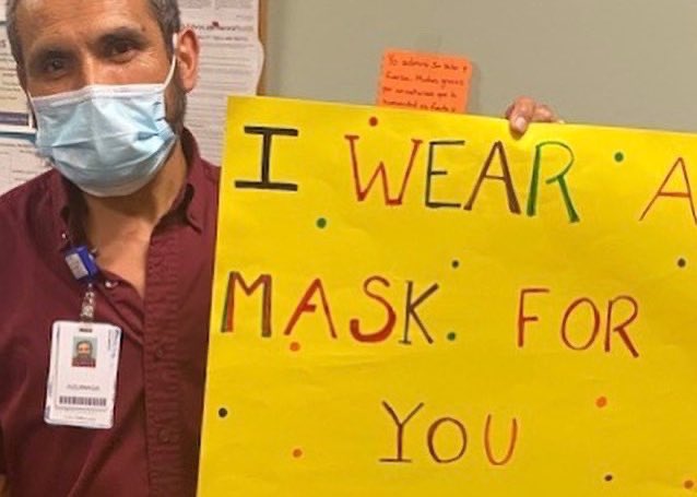 advocatehealth's tweet photo. The EVS team at Advocate Sherman Hospital wear masks for their kids, their family and YOU. Who do you wear a mask for? Post your selfie with #IWearAMaskFor to show us! https://t.co/dn2s9OwpTw