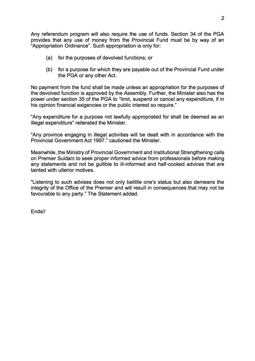  #SolomonIslands Government has issued a statement on Malaita's proposed referendum:"Holding of a referendum will be an illegal act", it says.It "demeans the integrity of the Office of the Premier and will result in consequences that may not be favourable to any party.” 