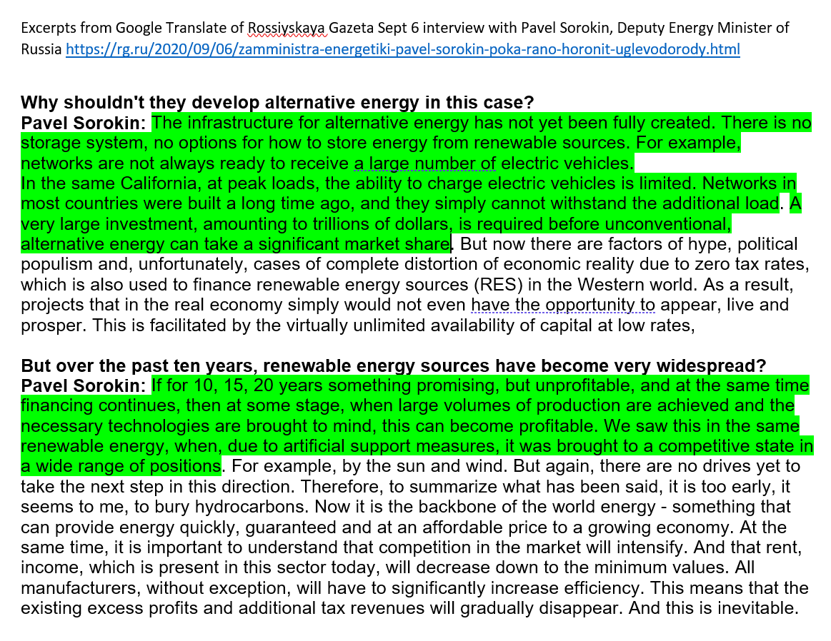Energy_Tidbits's tweet photo. Yes, Russia is #Oil #NatGa, but Sorokin direct views on both sides of #energytransition. Pro; years of capital/artificial measures can make some profitable. Con: Countries need cheap energy. infra not fully developed. $trillions before can take significant market share. #OOTT https://t.co/O6dQHwrSRR