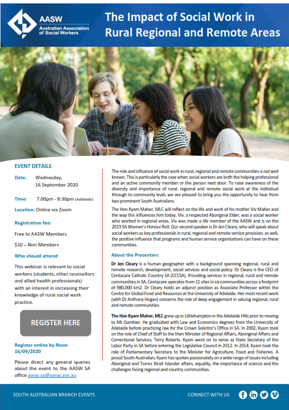CentacareCCSA's tweet photo. Tune in to this @AASW_ webinar to hear our CEO Dr Jen Cleary speaking about the importance of social work and social workers in regional, rural and remote communities. Register here - https://t.co/vFnepFqjEk #AASW #RRR #webinar #CCCSA https://t.co/zVcdHnZfHB