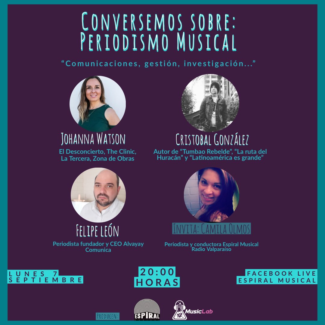 espiral42valpo's tweet photo. Este lunes conversamos sobre #PeriodismoMusical➡️ Comunicación, gestión e investigación en la #música 
20:00hrs por Facebook Live y YouTube 
¡Súmate! https://t.co/jopFXnMZpU
