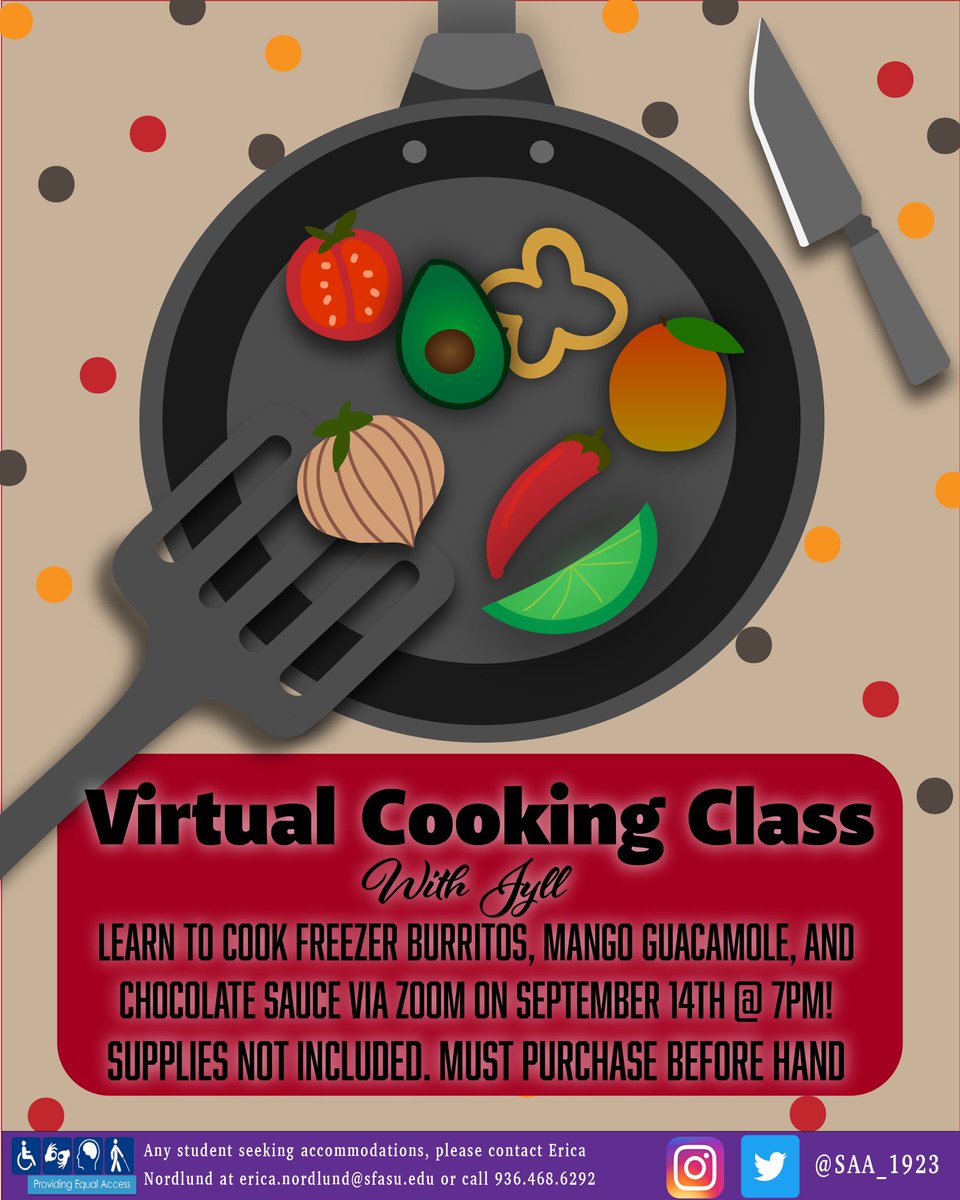 SAA_1923's tweet image. Introducing our Virtual Cooking Class with Jyll! 🥭🌯🍫🍽 Join us September 14th @ 7pm 🤩 

Swipe left to find the grocery list! 🚨🚨YOU MUST ALSO NEED A KITCHEN 🚨🚨

Link for registration is in our bio 😊 #thesaaexperience #lumberjackstrong #virtualcookingclass