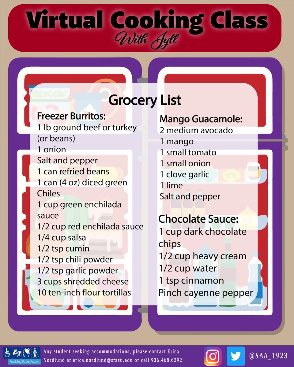 SAA_1923's tweet image. Introducing our Virtual Cooking Class with Jyll! 🥭🌯🍫🍽 Join us September 14th @ 7pm 🤩 

Swipe left to find the grocery list! 🚨🚨YOU MUST ALSO NEED A KITCHEN 🚨🚨

Link for registration is in our bio 😊 #thesaaexperience #lumberjackstrong #virtualcookingclass