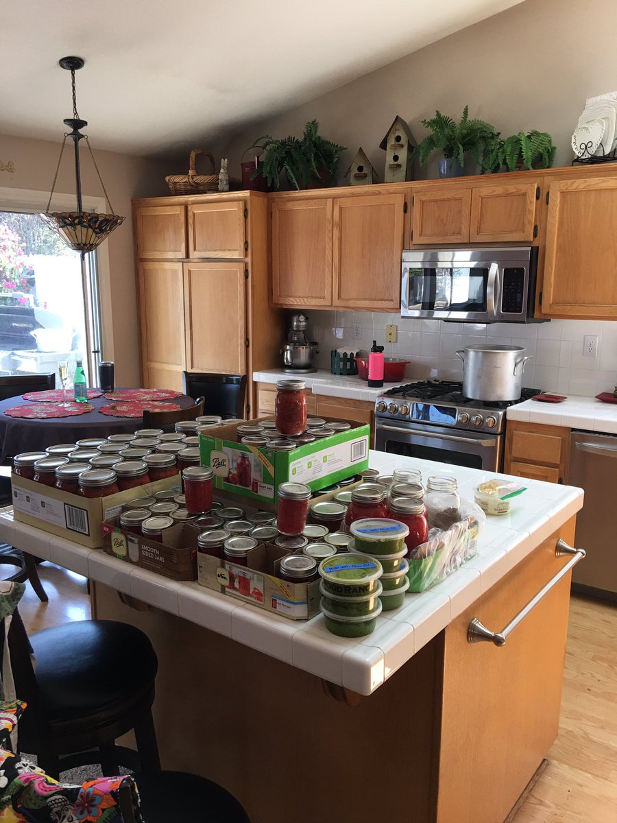 jlund1960's tweet photo. Day 2 Tomato Weekend.                        8 quarts of crushed tomatoes.               23 half pints tomato paste.                9 quarts tomato juice.                         Bonus 7 half pints pesto sauce.       Tomato day officially done...  only 365 days to tomato weekend! https://t.co/xMvdxJr2qw
