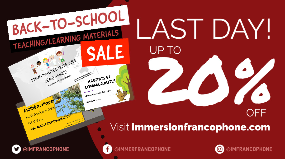 Last Day! Our sale stops Tomorrow
#immersionfrancaise #frenchimmersion #vente #sale immersionfrancophone.com