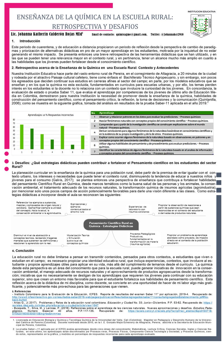 Johannakcr2910's tweet photo. Hola @LatinXChem , tengo el gusto de presentar mi póster: "Enseñanza de la Quimica en la Escuela Rural: retrospectiva y desafíos". #LatinXChem #LatinXChemEd #Ed13 .
Una mirada a la labor docente en quimica para jóvenes del campo. Muchas gracias. https://t.co/gNvlCjdMIa