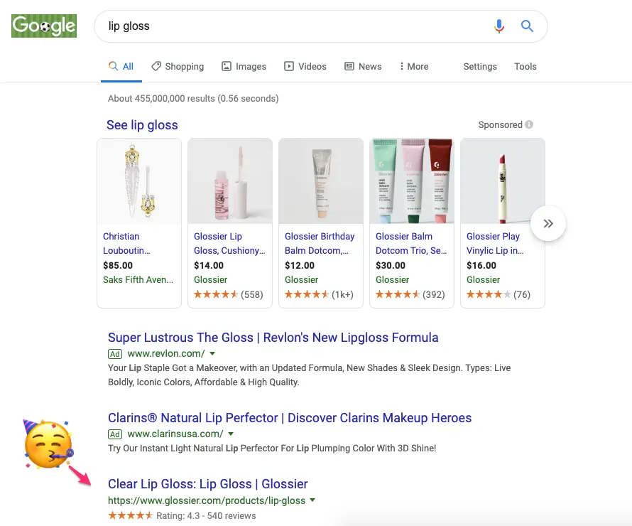 11/ 商品名にカテゴリーをつける良い理由は、かなり良いSEO効果になる「lip gloss」を検索すると、オーガニックのランキングでGlossierが1位になる。
