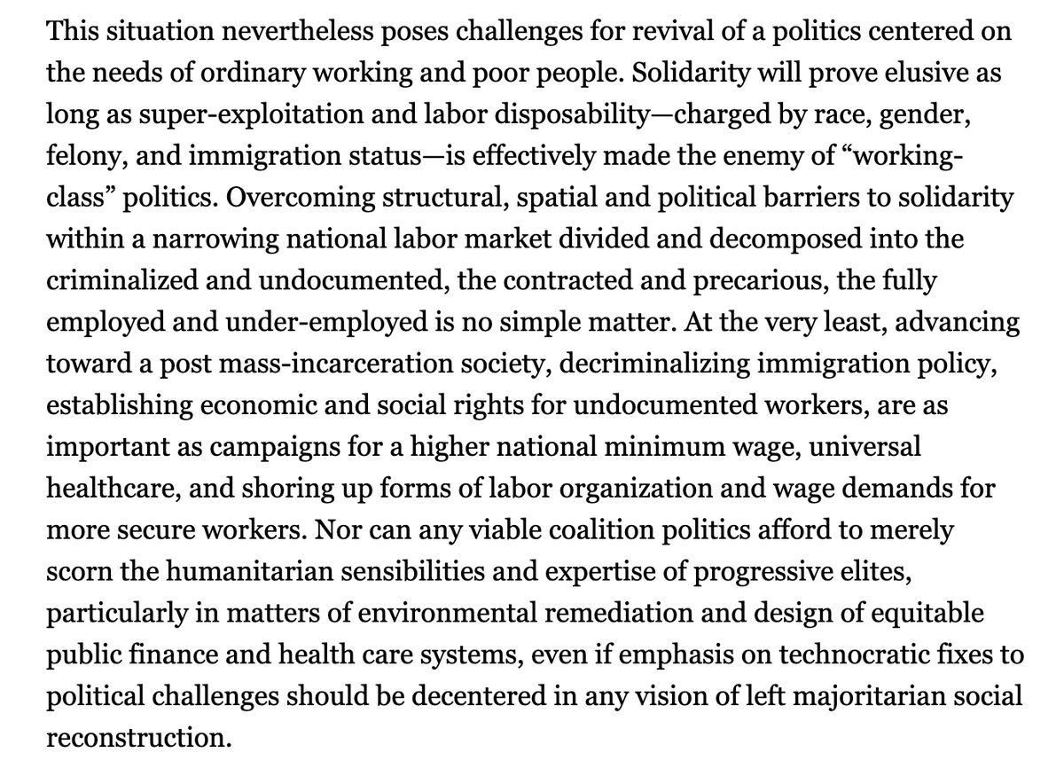 So I often agree with criticisms of forms of anti-racism that mainly function to support elite entry-ist strategies, but the broader brush indictment fails to reckon with the racism that continues to divide poor and working class people in both political and economic dimensions.