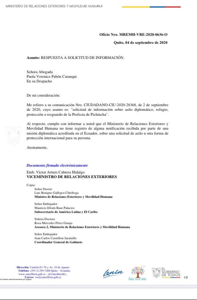 PaolaPabonC's tweet photo. #ATENCION: @CancilleriaEc informa que no tiene registro de ninguna solicitud de asilo político u otra forma de protección internacional de mi parte, no hay razón para cambiar mis medidas #PaolaLibre @CIDH @ONU_derechos https://t.co/SDGbiBA1Kn