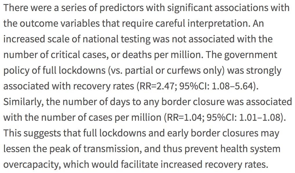 Thornley cites an analysis of the impact of lockdowns on  #Covid19 spread. While he's right that it didn't show an impact on death or case numbers, it did show an impact on recovery rates. This below is from the conclusion of the paper. (8/16)