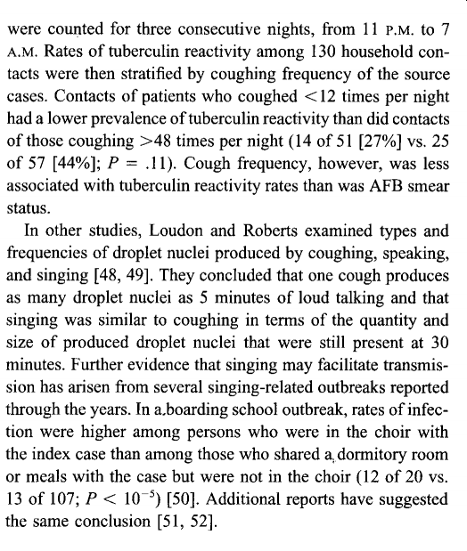 Singing and coughing might create infectious SARS2 aerosols you say? How could we EVER have known</sarcasm>From 1996 Sepkowitz "How contagious is tuberculosis" (TB)