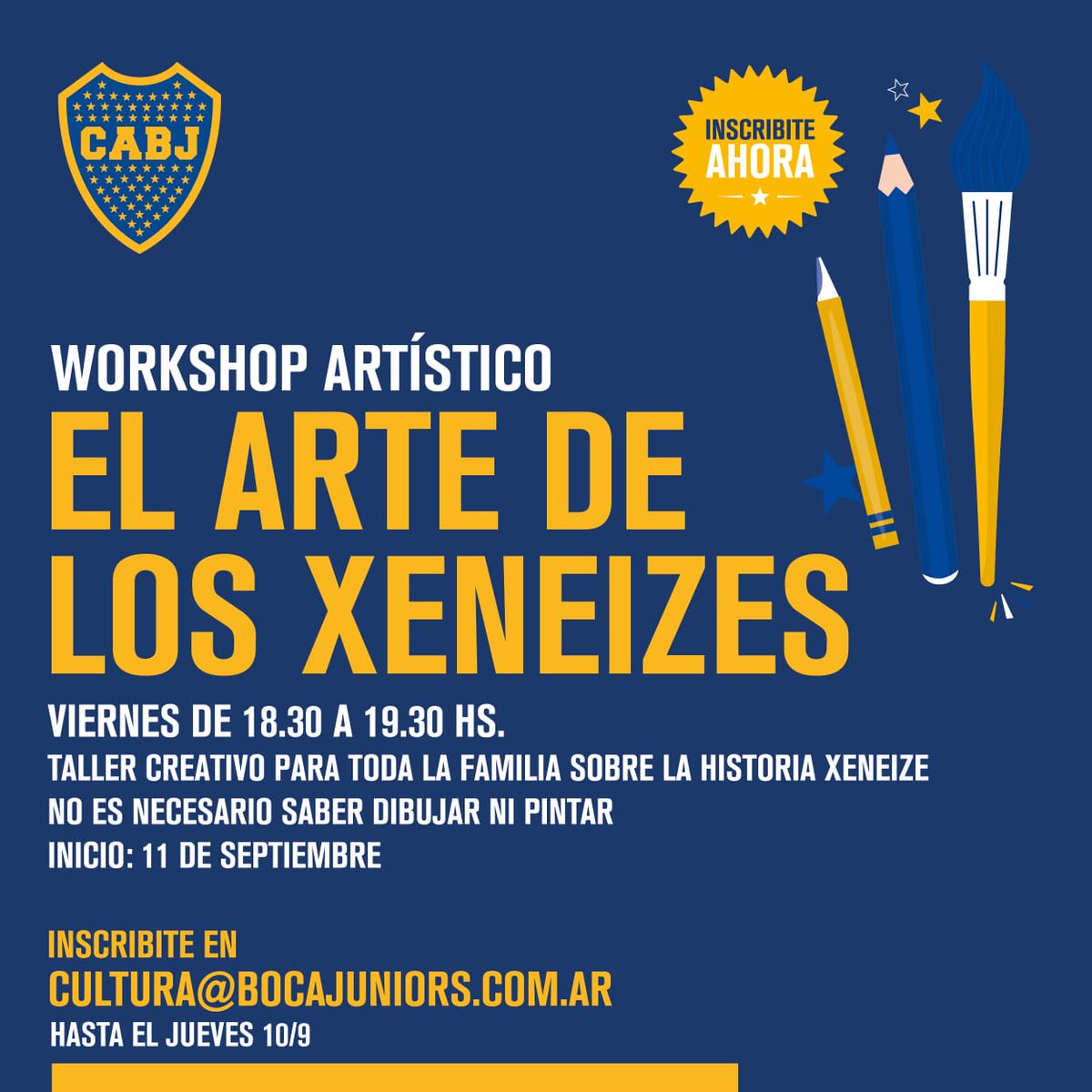 boca_cultura's tweet photo. NUEVA ACTIVIDAD
⭐⭐⭐⭐⭐⭐⭐⭐⭐⭐⭐⭐⭐
Workshop creativo
Taller de 5 jornadas para toda la familia de intervenciones artísticas sobre distintos temas de la historia xeneize.

Inscribite YA! 
Cupos limitados.

👉 cultura@bocajuniors.com.ar https://t.co/u3M9Ra8Vut