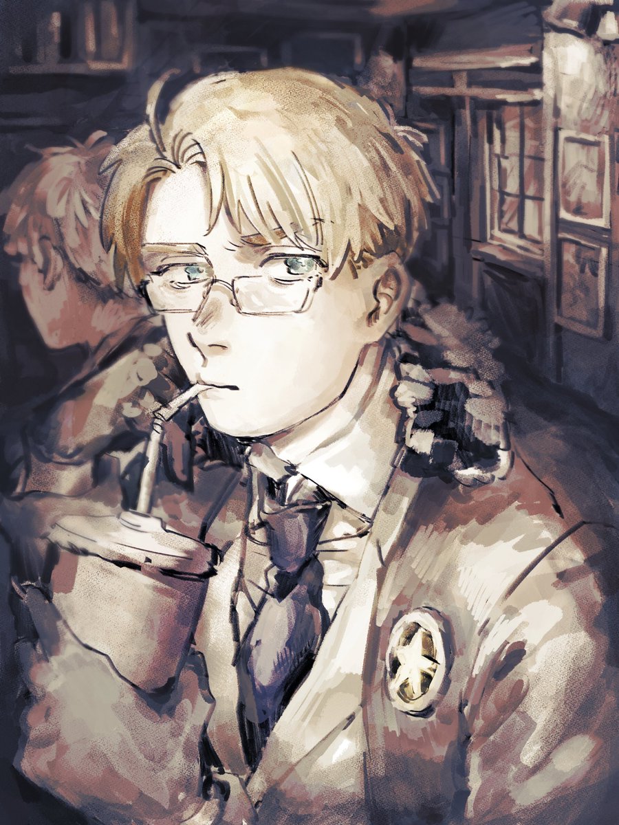 america (hetalia) male focus necktie glasses blonde hair blue eyes 1boy cup  illustration images