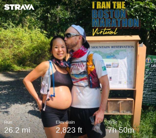 LoraLiuMD's tweet photo. Baby boy’s first Boston Marathon. Waddled for 95% of it and wogged the rest. Couldn’t have done it without my amazing husband. And thank you @BostonMarathon for not enforcing a time limit!  #34weekspregnant #baa  #BostonMarathon #MIGS #runner https://t.co/FyoDFzR0Hz