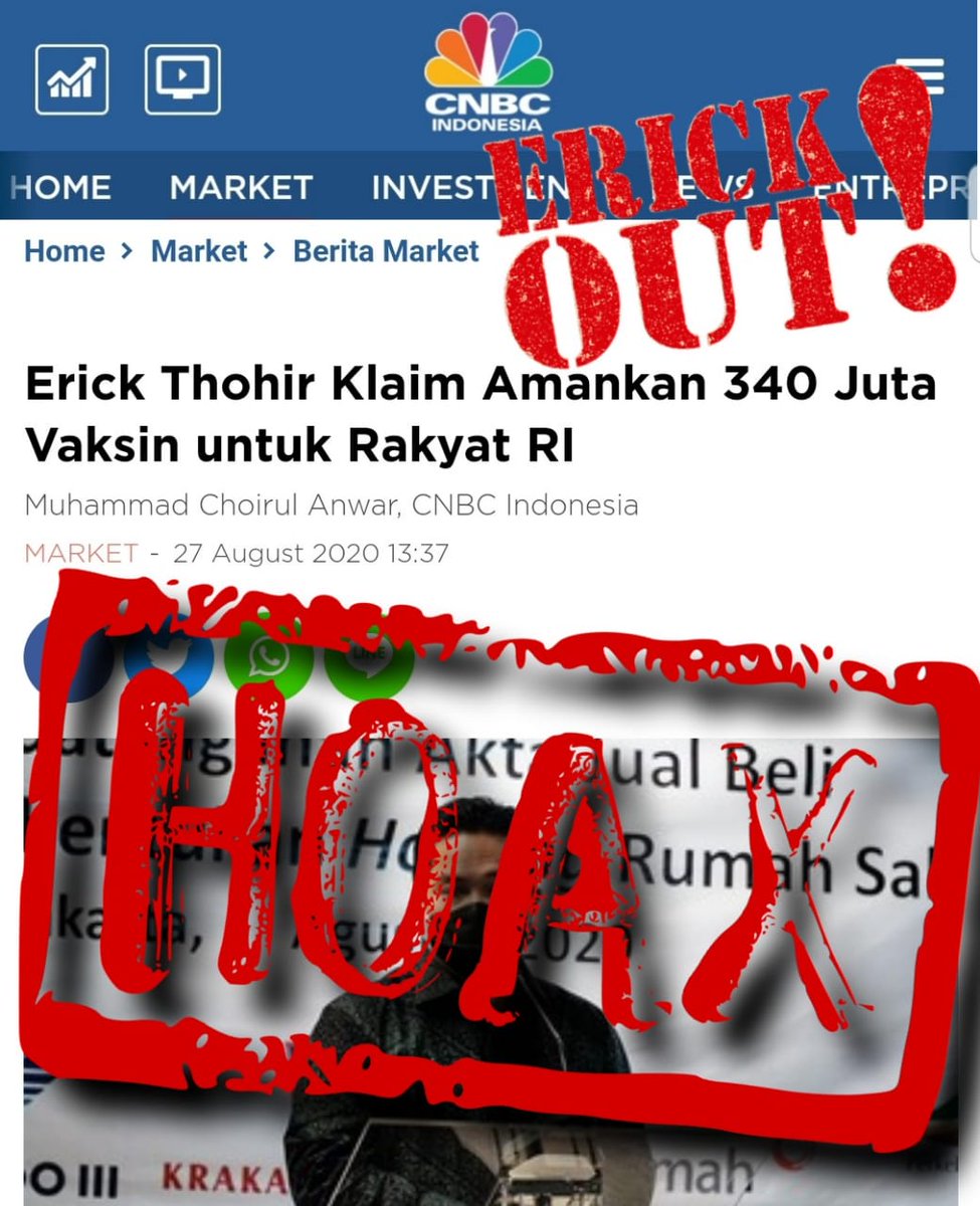 BaliSatriya's tweet photo. Kalau pak menteri rajin produksi hoax kayak gini, bagusnya di kasih stempel apa yak? Udah boleh stempel gagal ga? 
@JubirPresidenRI @KemensetnegRI @kaesangp @jokowi @Fahrihamzah @DrTompi @yunartowijaya 

#erickout https://t.co/UUseXbCRbp