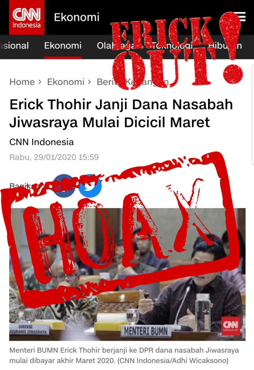 BaliSatriya's tweet photo. Kalau pak menteri rajin produksi hoax kayak gini, bagusnya di kasih stempel apa yak? Udah boleh stempel gagal ga? 
@JubirPresidenRI @KemensetnegRI @kaesangp @jokowi @Fahrihamzah @DrTompi @yunartowijaya 

#erickout https://t.co/UUseXbCRbp