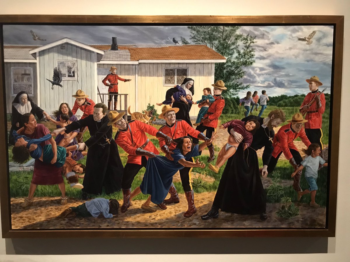 We obvs talk a lot about Indigenous history/racism/social justice here. But it brought tears to my eyes today  @Glenbow when at the Kent Monkman installation, my kids asked “why again did they take the kids away?” and I saw their fear when I answered “bc they were Indigenous” 1/