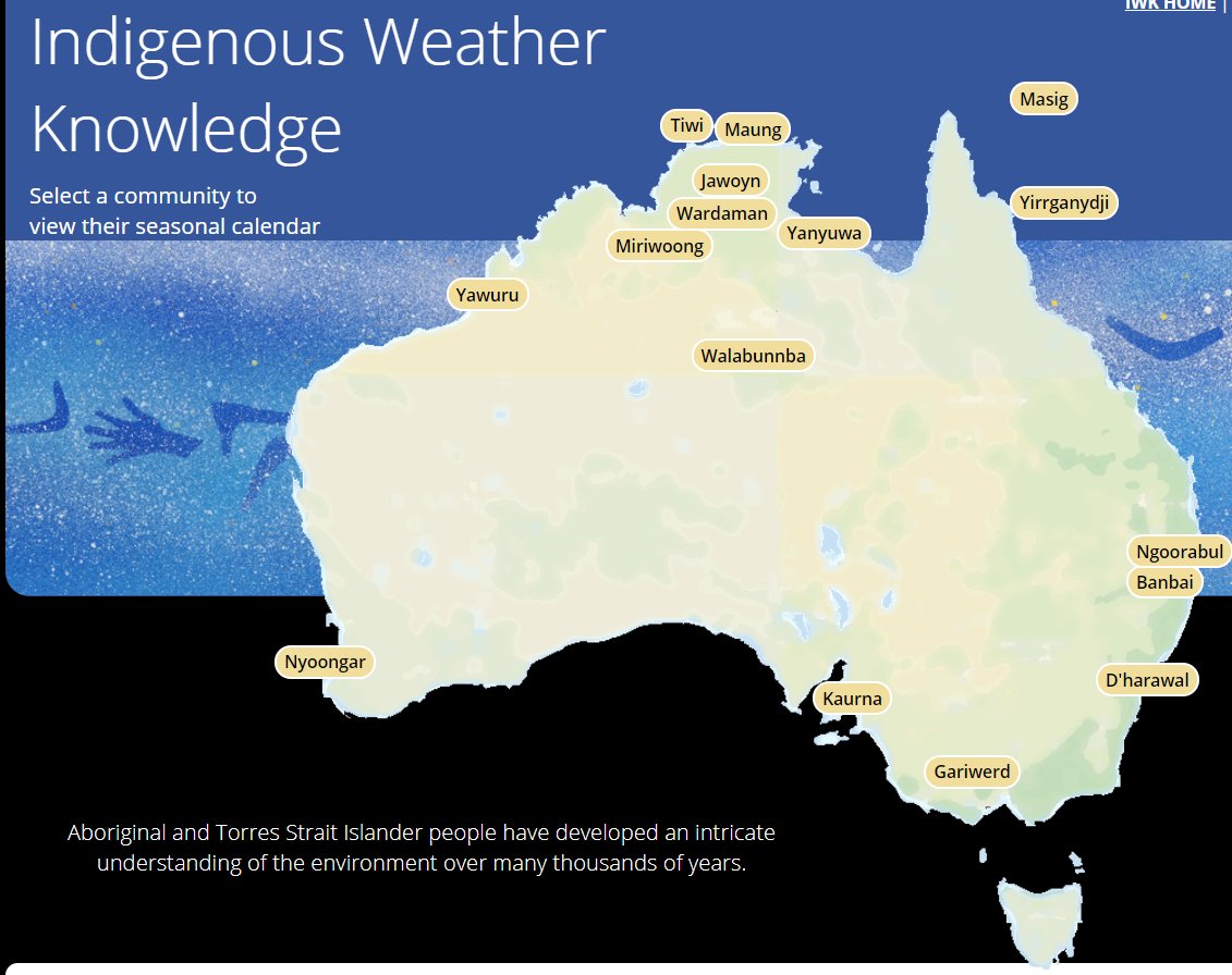 Stumbled upon the BOM's Indigenous Weather Knowledge page today, which displays the seasonal calendars of indigenous communities around Australia.  bom.gov.au/iwk/index.shtml

For instance in Sydney (D'harawal) it is now the time of Ngoonungi when the flying foxes appear.