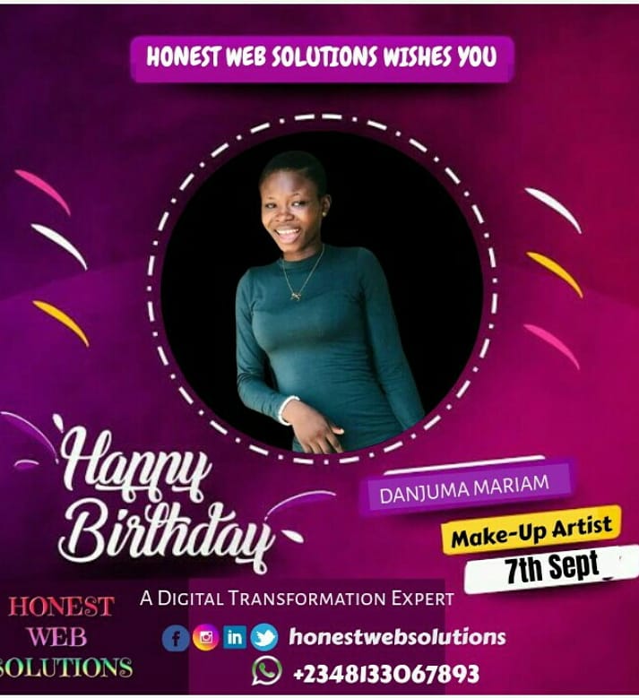 _HWSolutions's tweet photo. Our clients are special to us. Honest Web Solutions celebrate you this day. Happy birthday miss Mariam #HonestWebSolutions #HWSDesigns #graphicdesigner #developer #design #designer #webdesign #webdeveloper #needgraphicdesigner #photoshop #graphicdesign #designinspiration https://t.co/JjW3eBqiiA