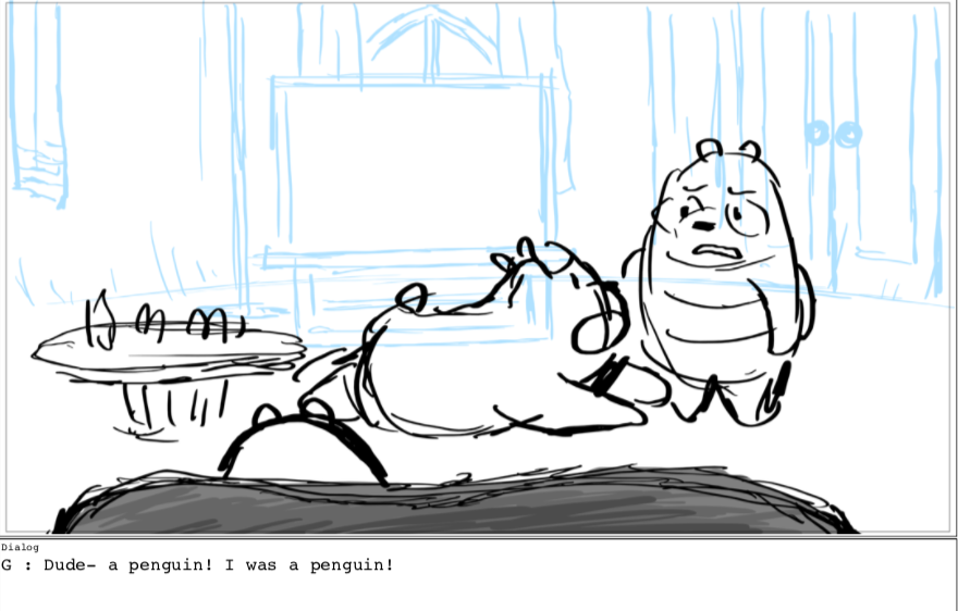 The opening was a chance to establish Chloe and Bears'  new relationship together -- I thought them playing charades would be a fun way to have them interact and show how comfortable they are with each other 