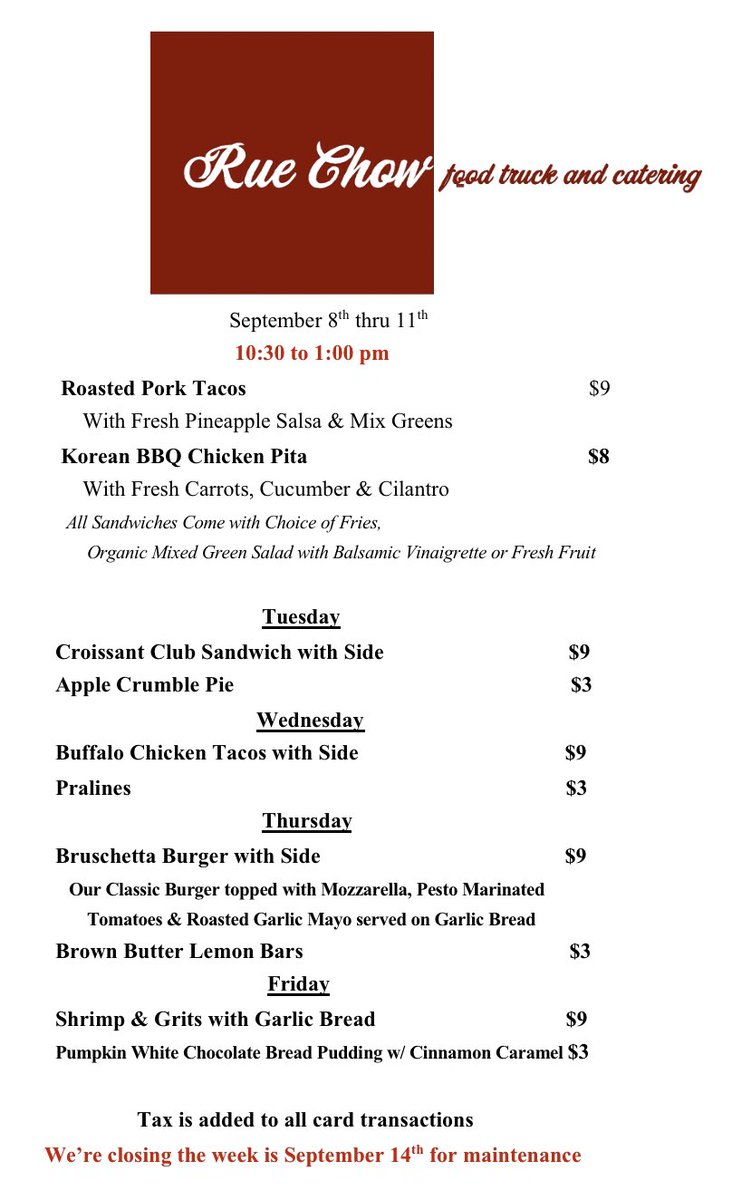 This weeks menu! We’re getting into the fall spirit with Apple Crumble Pie, Pralines &amp; Pumpkin White Chocolate Bread Pudding. We’re looking forward to serving y’all! @NASAExchange <a href="/NAVOCEANO_SSC/">NAVOCEANO</a> <a href="/NASAStennis/">Stennis Space Center</a>