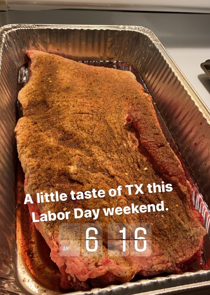 JoeyZRadio's tweet photo. Thinking of you guys. Fought off the rain and enjoyed a little taste of Texas. I hope everyone is having a safe holiday weekend. Go, @goicehogs! #brisket #TXnative https://t.co/vOlJRQK4m4