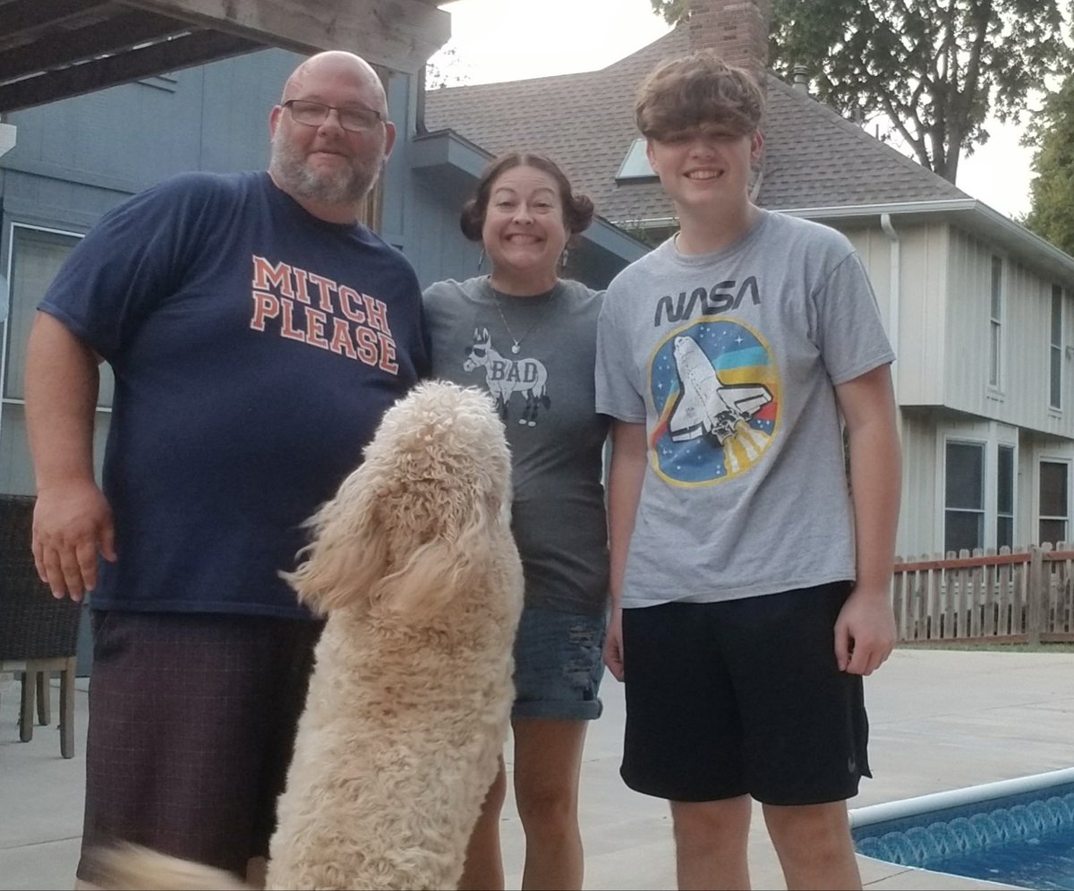 BeckyDollins's tweet photo. When you are trying to get a good family pic but Sully won't cooperate. ๐คฃ My personal fave is the one of him jumping up on me! ๐๐โค #doodleproblems https://t.co/ZY69KoFvo9