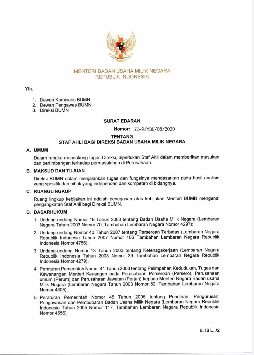 msaid_didu's tweet photo. BUMN sbg "penampungan" ?
Dpt copy KepmenBUMN utk angkat Staf ahli direksi di BUMN. Jika ini benar, Pertanyaannya :
1. Komisaris dan ireksi mmg bkn ahli ?
2. Akan ada tambahan lbh seribu jbtn "staf ahli" (tmsk anak prshn) stlh komisaris utk dibagi2 ?
Mhn konfirmasi dr @KemenBUMN https://t.co/cVHnWL3HkF