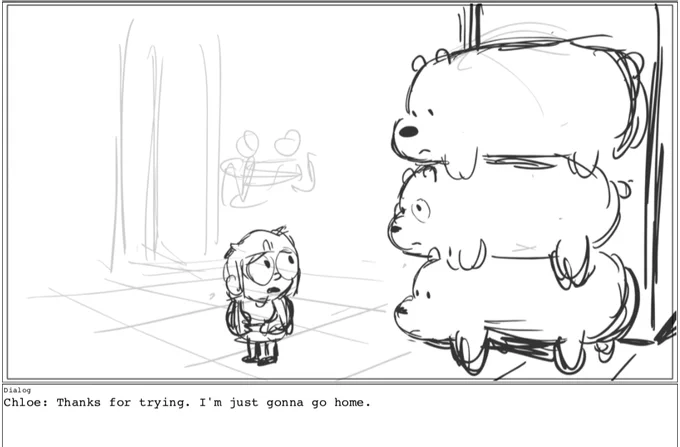 From here, we struggled bridging this moment to the party. There was a moment missing that we knew needed to deepen the Bears' resolve, and give us another layer to understanding Chloe's situation... 