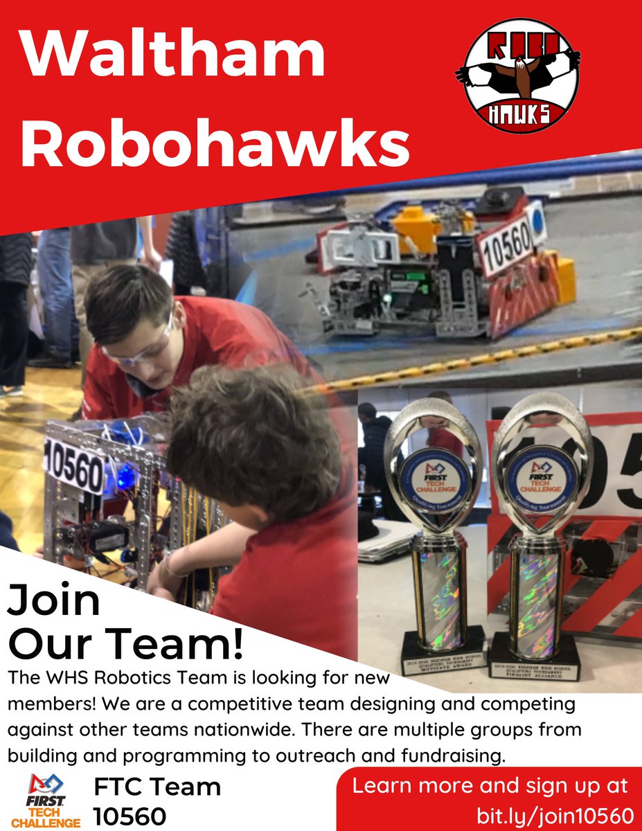 Hey <a href="/WalthamHS/">Waltham High School</a>, we are recruiting members for this upcoming season! We are a competitive robotics team that designs robots to compete nationwide. All high school students welcome and no experience is needed. Learn more at bit.ly/join10560 <a href="/WalthamSchools/">WalthamPublicSchools</a> <a href="/FTCTeams/">FIRST Tech Challenge</a>