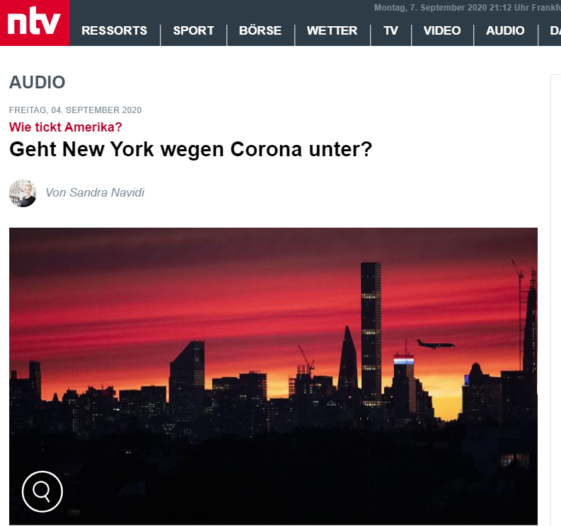 SandraNavidi's tweet image. LISTEN: Mein neuer @ntvpodcast @ntvde @audionowde @mediengruppertl #WieTicktAmerika #Podcast: Warum ich trotz der gegenwärtigen Endzeitstimmung und des Massenexodus an ein Comeback #NewYorks glaube hören Sie hier content.production.cdn.art19.com/validation=159… 
Überall wo's Podcasts gibt
#CoronaVirus