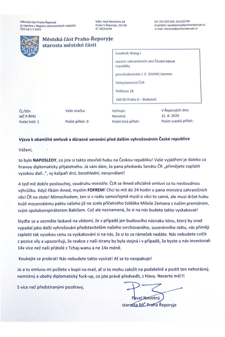 Diplomacy can be a staid profession but not when Prague’s Mayor writes to China’s ambassador. Selected highlights:
“That was the LAST TIME you open your trap about the Czech Republic... You will not f**k with us... drop this outrageous, unseemly &amp; wretched diplomatic f**k-up”