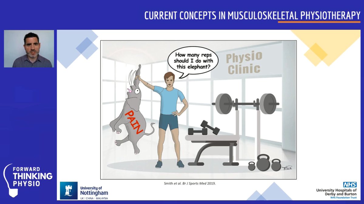 GrantMackayPT's tweet photo. "If this is hurting, should I really be doing this?" 

As a clinician do you allow/prescribe pain during exercise?

Excellent talk by @benedsmith covering the relationship between pain and exercise which has been "ignored by researchers and feared by clinicians"
@ForwardPhysio https://t.co/rXxDDpaZK4