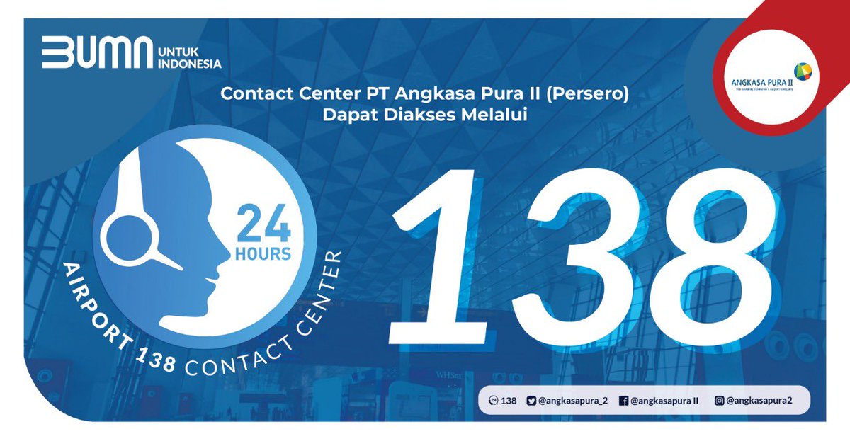 INJairports's tweet photo. #AP2friends ingin bertanya seputar informasi penerbangan dan bandara-bandara yang dikelola oleh AP2?
Teman-teman #APmin siap menjawab pertanyaan dan keluhan kamu di β Airport 138, 24 jam, 7 hari dalam 1 minggu π
#SenyumPelanggan
#CC138 https://t.co/wthCexLEZv