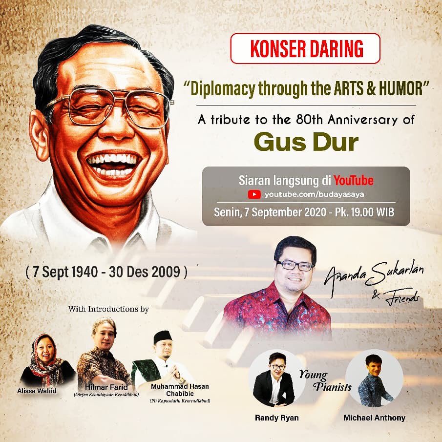 sahaL_AS's tweet photo. Konser Mas ⁦@anandasukarlan⁩ merayakan ultah Gus Dur nanti malam jam 19.00..
Saya bayangkan AlMaghfur lah di akhirat akan ikut menyimaknya dgn khusyu’, meski sambil tidur...
Al fatihah utk Gus Dur. https://t.co/Ev0dxKXojS
