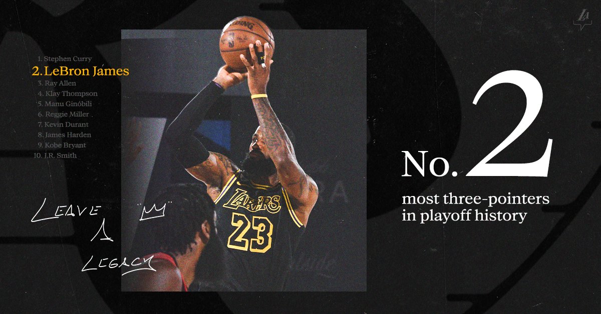 Lakers's tweet photo. Congrats to @KingJames on hitting the second-most playoff 3-pointers in NBA history 👑👌 https://t.co/JK6ckq7Vfx