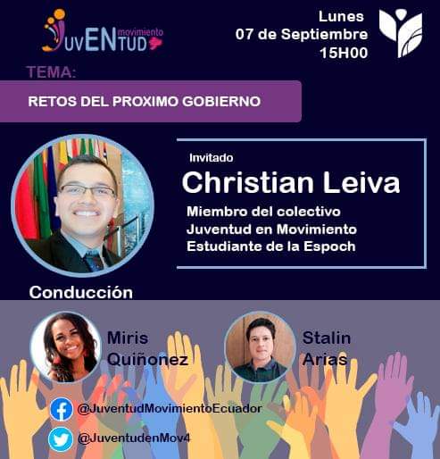LeivaChamba's tweet photo. 🔴 El día de mañana a las 15H00 estaré en Hoja de Ruta, en calidad de invitado para hablar acerca de los retos del próximo gobierno. 📢
Los invito a formar parte de este diálogo por @JuventudenMovi4. 🇪🇨 💪
#JuventudEnMovimiento https://t.co/ljdckVR9Ee