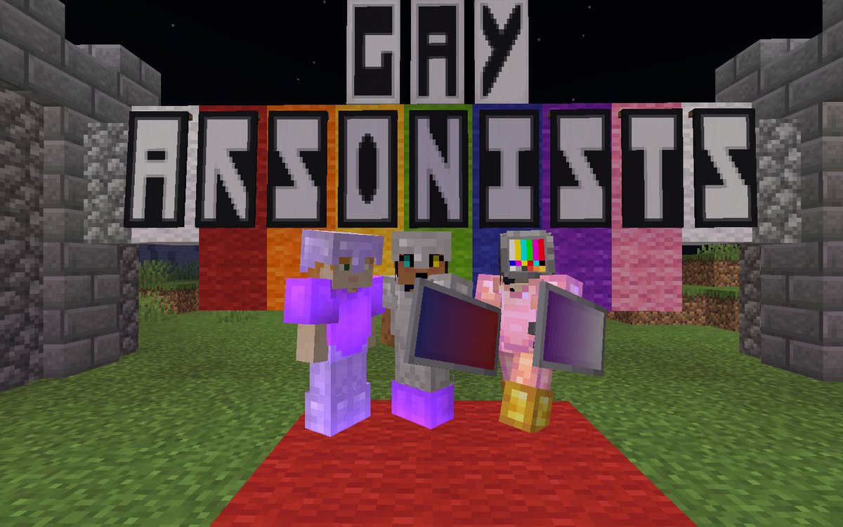 selfie time in front of the Gay Arsonists sign!! built by Lizard (  @LizardWizardpng ) ((the red carpet still has me fnijnriebne))