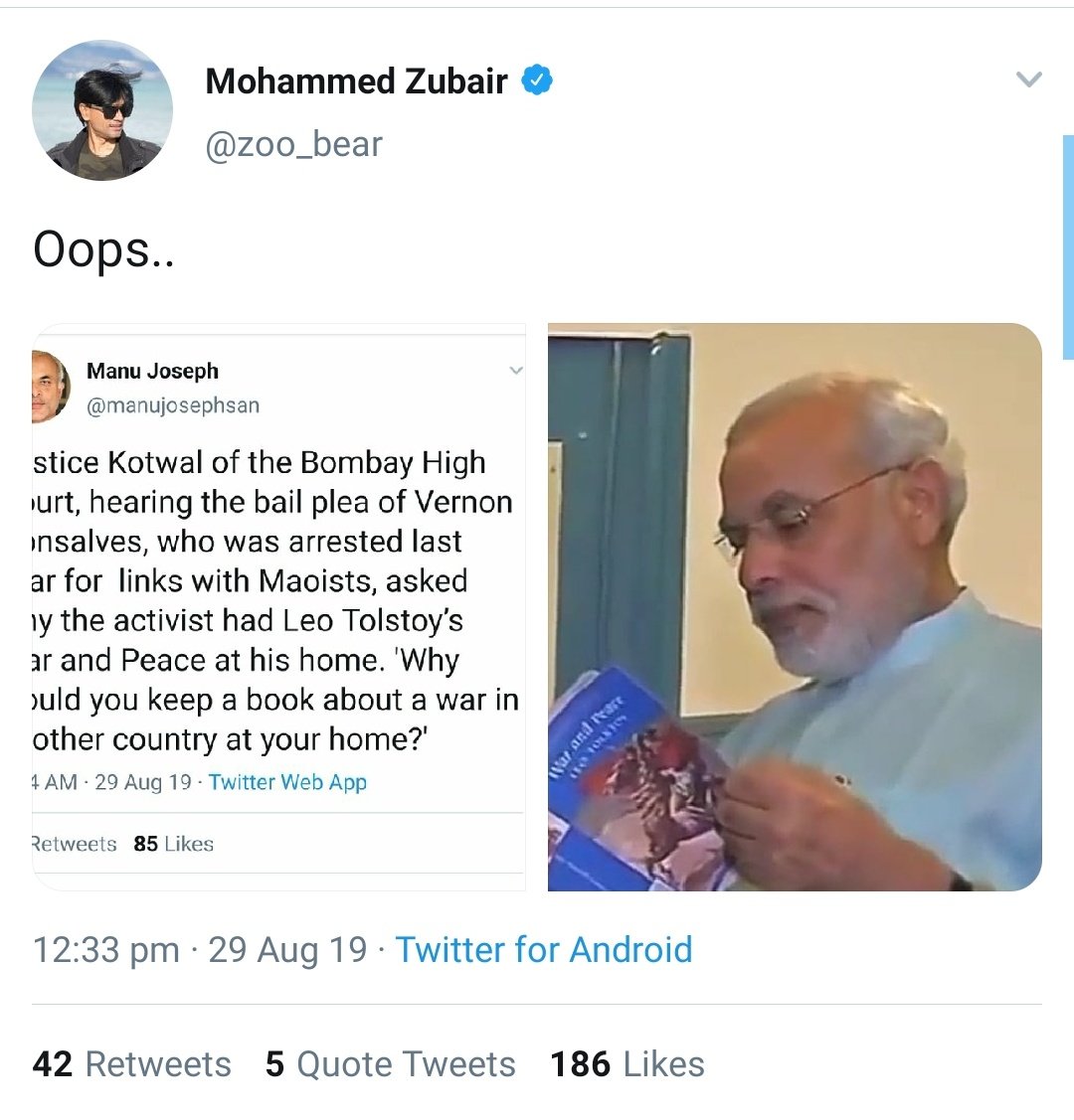 Rasode ka Factchecker  @zoo_bear spread Fake News news to attack Modi.Bombay High Court talked about the book 'War and Peace' by Biswajit Roy, Zubair used a pic of PM Modi reading 'War and Peace' by Leo Tolstoy. Propaganda ke liye kuch bhi karega ye