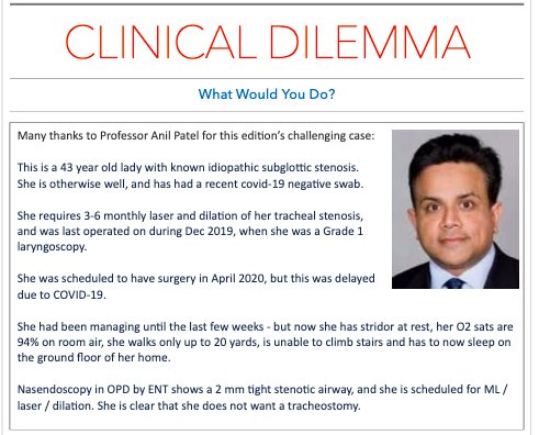 Here's a clinical dilemma for you, posed by Professor Anil Patel. What would you do? Part of a new series in the latest DAS eZine. <a href="/dasairway/">Difficult Airway Society (DAS)</a> <a href="/dr_imranahmad/">Imran Ahmad</a> <a href="/AndyHiggsGAA/">Andy HIGGS</a> <a href="/altgm/">alistair mcnarry</a> <a href="/elboghdadly/">Kariem</a> <a href="/doctimcook/">Tim Cook</a> <a href="/AirwayHub/">#AirwayHub</a> <a href="/Kimberley_Hodge/">Kimberley Hodge</a> <a href="/ProfEllenO/">Ellen O’Sullivan @ProEllenO.bsky.social</a>