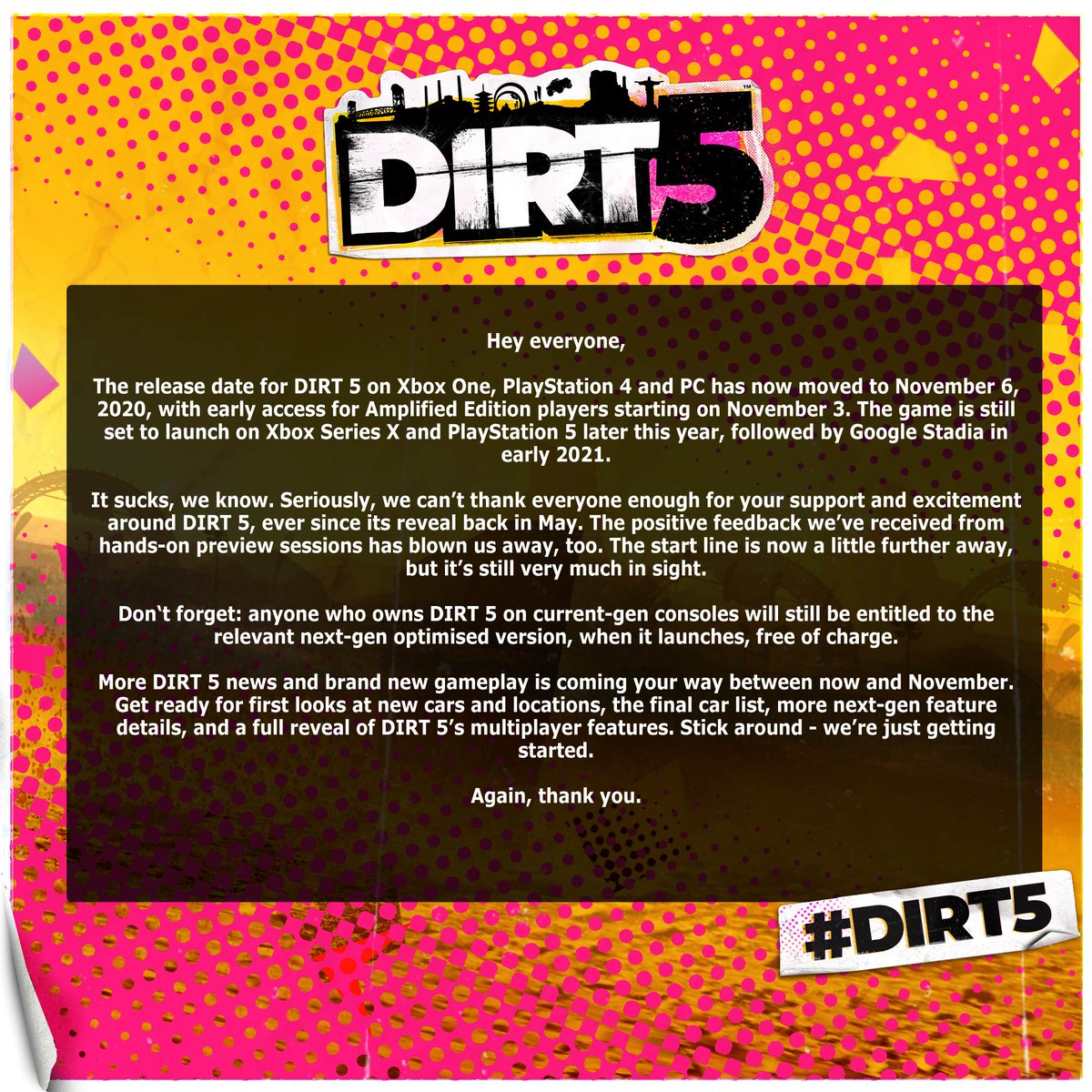 Релиз DIRT 5 снова перенесли — игра выйдет 6 ноября