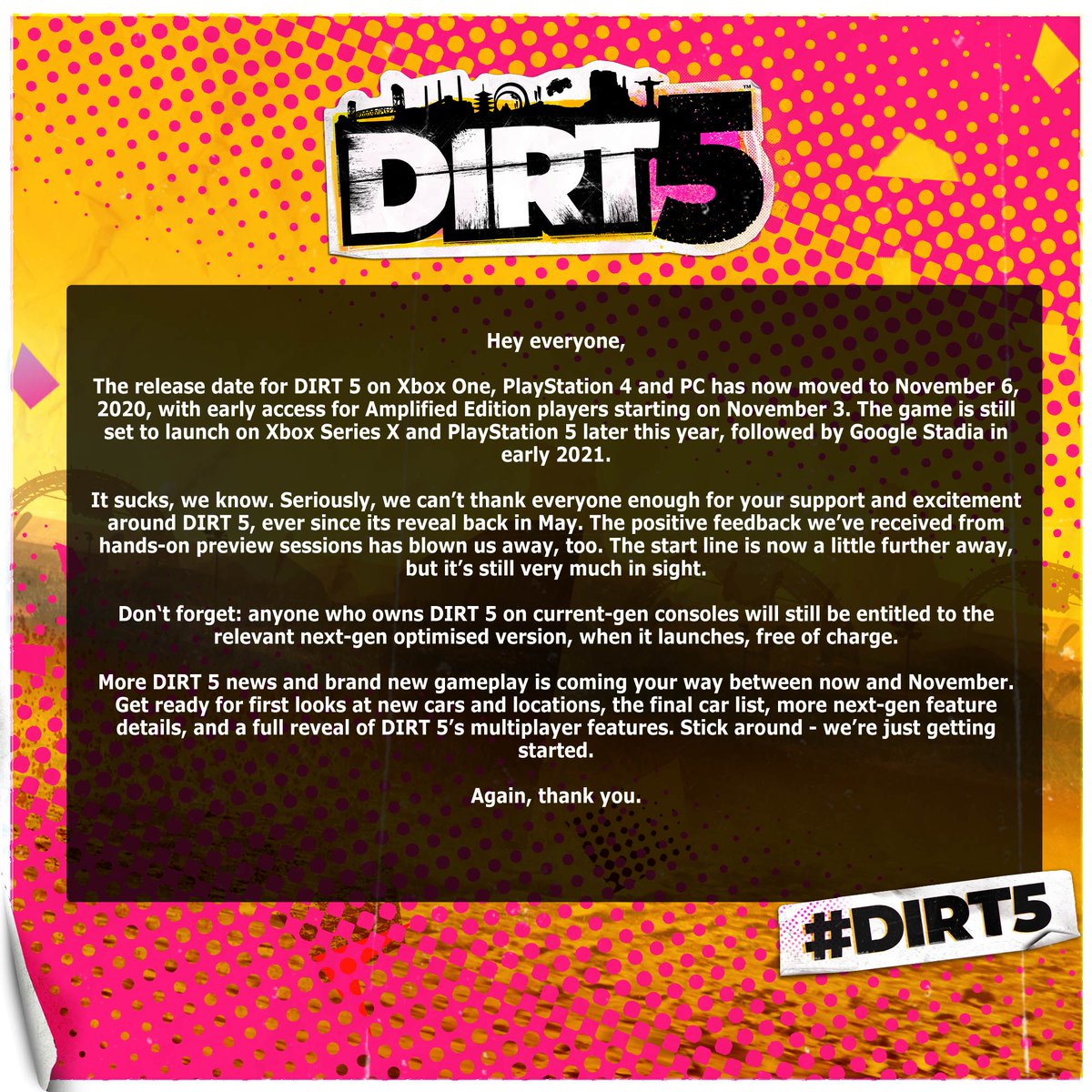 Dirt News Dirt 5 Will Now Launch On November 6 For Xbox One Ps4 And Pc Xboxseriesx And Ps5 Versions Still Launching Later This Year Our Road Trip Just Got