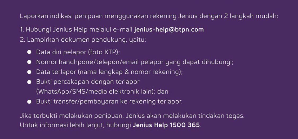 <a href="/kaesangp/">“kak” Kaesang</a> Tambahin ah, selain kita bisa periksa/report rekening penipunya ke cekrekening.id (semua bank), khusus BTPN/Jenius bisa lapor kayak cara di bawah ini (gue ambil di IG mereka). Semoga bisa bantu! Tetap aman belanja online yang penting. ✊🏽