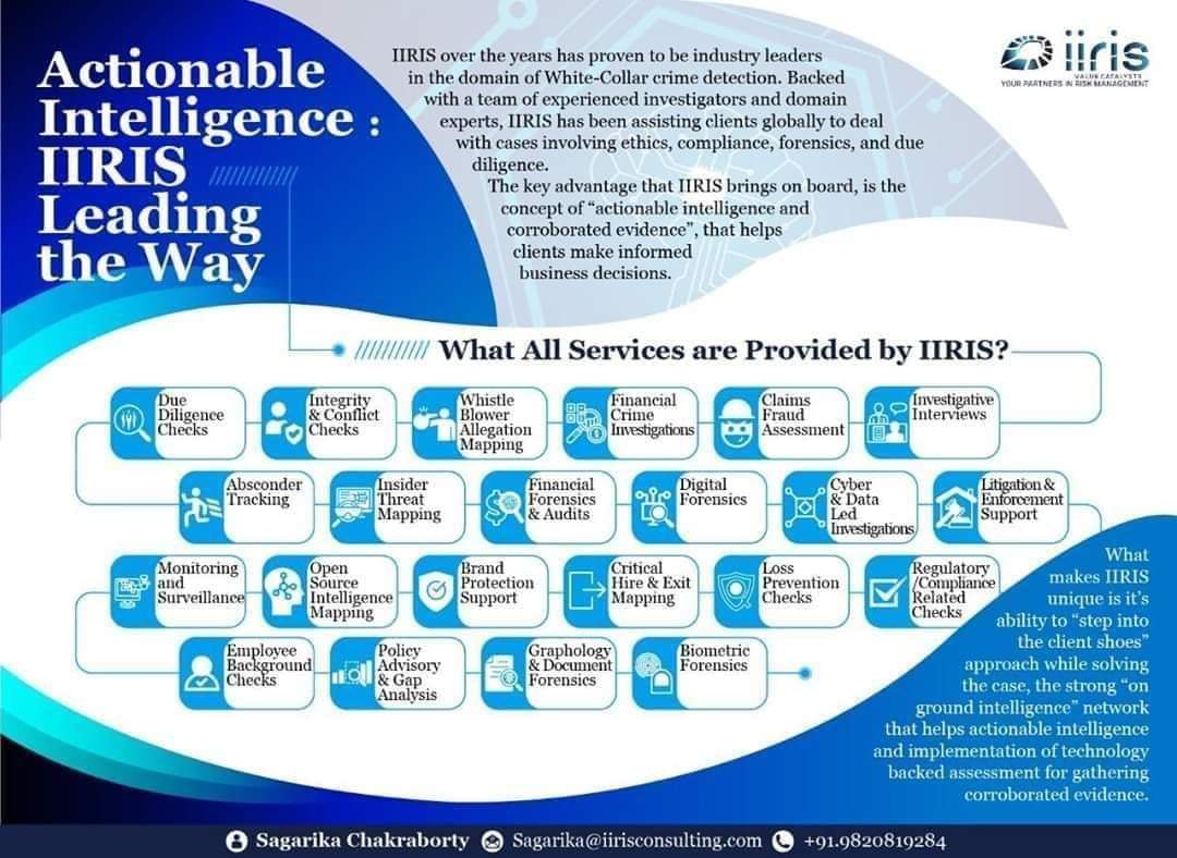 IIRISConsulting's tweet photo. IIRIS over the years has proven to be industry leaders in the domain of White-Collar crime detection. 
The key advantage that IIRIS brings on board, is the concept of "actionable intelligence and corroborated evidence", that helps clients make informed business decisions. https://t.co/V95ik0Reoc
