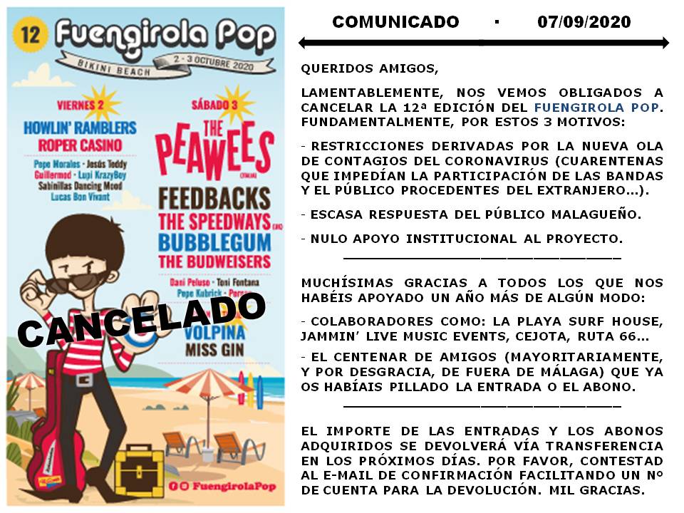 ¡Atención, #FuengiPopers!
Se cancela el #FuengirolaPop2020.
¡Muchas gracias a todos los que nos habéis apoyado de un modo u otro en estos meses! Esperamos poder volver a la carga el año que viene con vuestra ayuda, y con una situación menos convulsa. ¡Un fuerte abrazo!