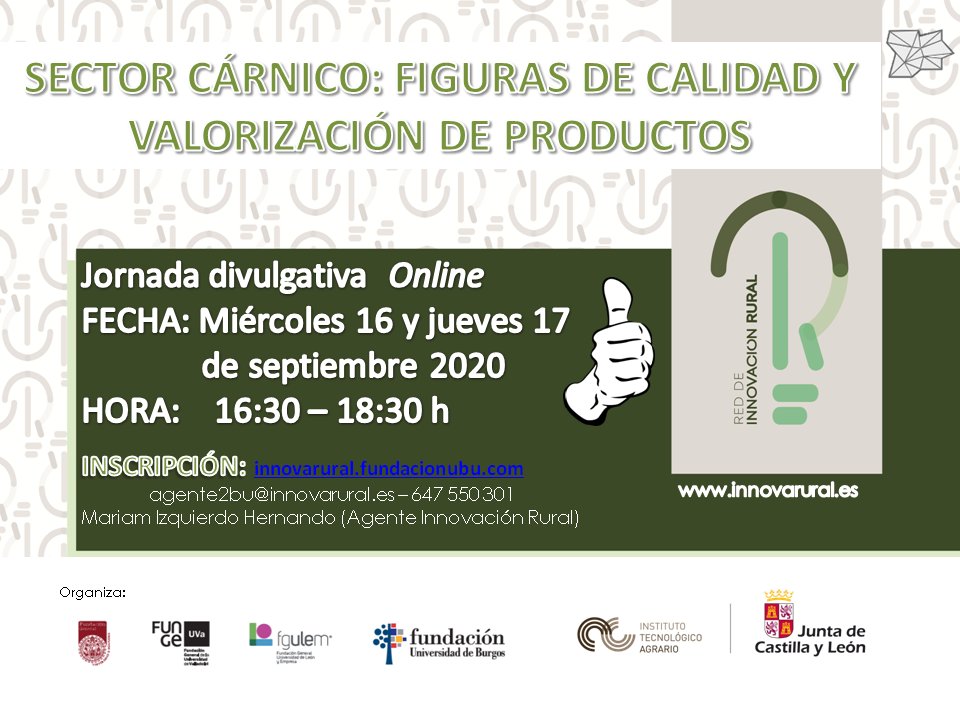#Cursos_UBU | Nueva jornada de formación Online de la #RedInnovaciónRural sobre Sector Cárnico: Figuras de calidad y valorización de productos. 
Fechas de celebración: 16 y 17 de septiembre
Inscripción: innovarural.fundacionubu.com/course/proxima…