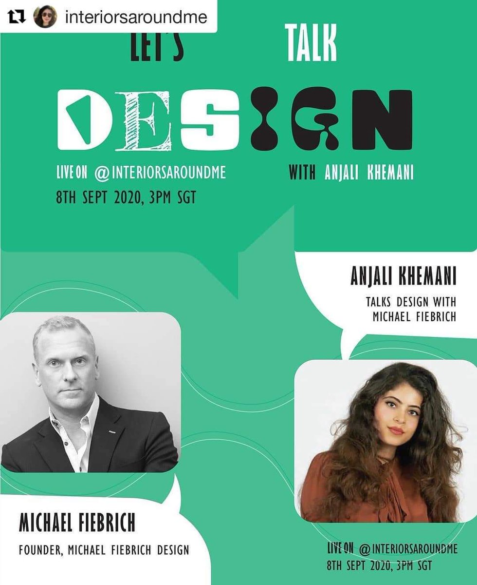 Join us tomorrow on IG Live with Anjali Khemani.
#Repost @interiorsaroundme
I'm thrilled to share that I'm hosting an IG Live session tomorrow with Michael Fiebrich, Founder of Michael Fiebrich Design! 

Join us via IG Live at 3 PM Singapore Time
