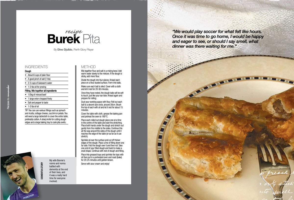 It’s Dementia Awareness Month so how about helping this great cause by grabbing a copy of Recipes to Remember? It features this ‘Burek Pita’ recipe from the one and only <a href="/DinoDjulbic/">Dino Djulbic</a>!
More details here: bit.ly/2OKWiv3
@ALeague <a href="/WLeague/">W-League</a> 
#recipestoremember #OneGlory