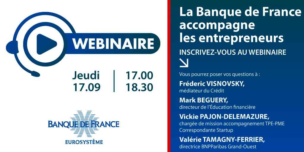 banquedefrance's tweet photo. #Webinaire #PaysdelaLoire
🗓️ Le 17 septembre 
🕔 de 17h00 à 18h30
Vous souhaitez trouver une solution face à un refus de financement de votre banquier ? Découvrir son rôle de mise en relation avec les organismes professionnels utiles pour vous ? 👉 https://t.co/jht8MnvVWo https://t.co/GsE68TKLdP